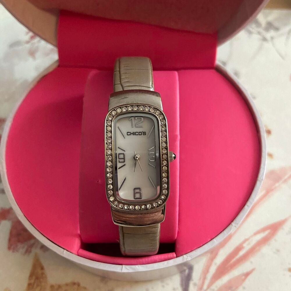 Chicos Womens Silver Rhinestone Bezel Quartz Bangle Watch Metallic Textured Band